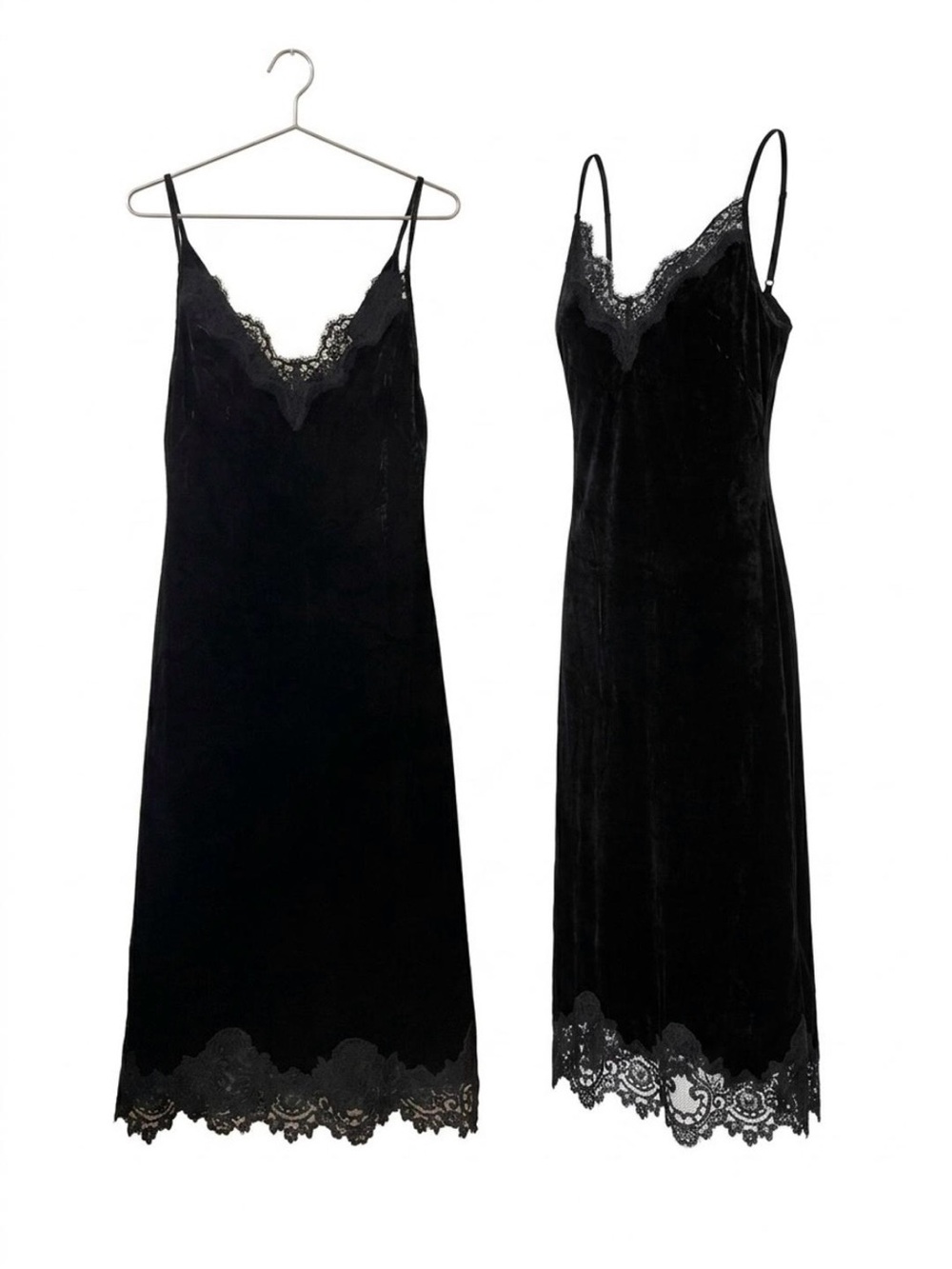 Black Velvet Lace-Trim Midi Slip Dress - Women